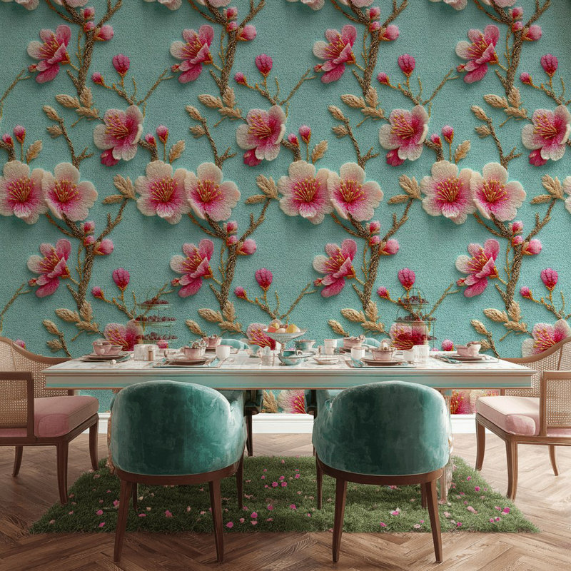 Papier peint floral Fleurs de cerisier murales sur fond bleu