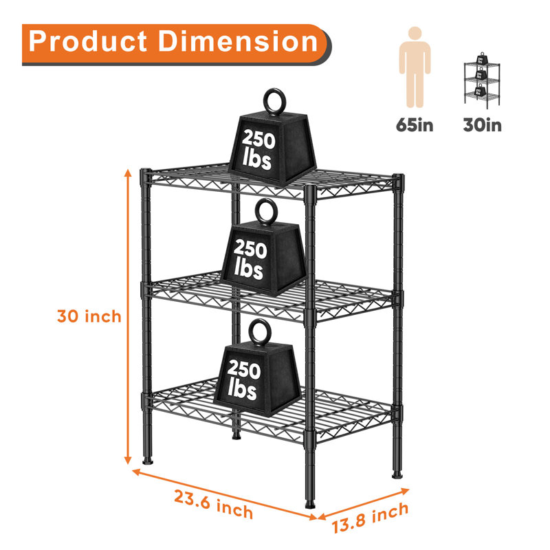 Kishore Étagère de rangement en métal de 22,99 pouces de largeur avec plusieurs tablettes pour le garage de cuisine, Noir