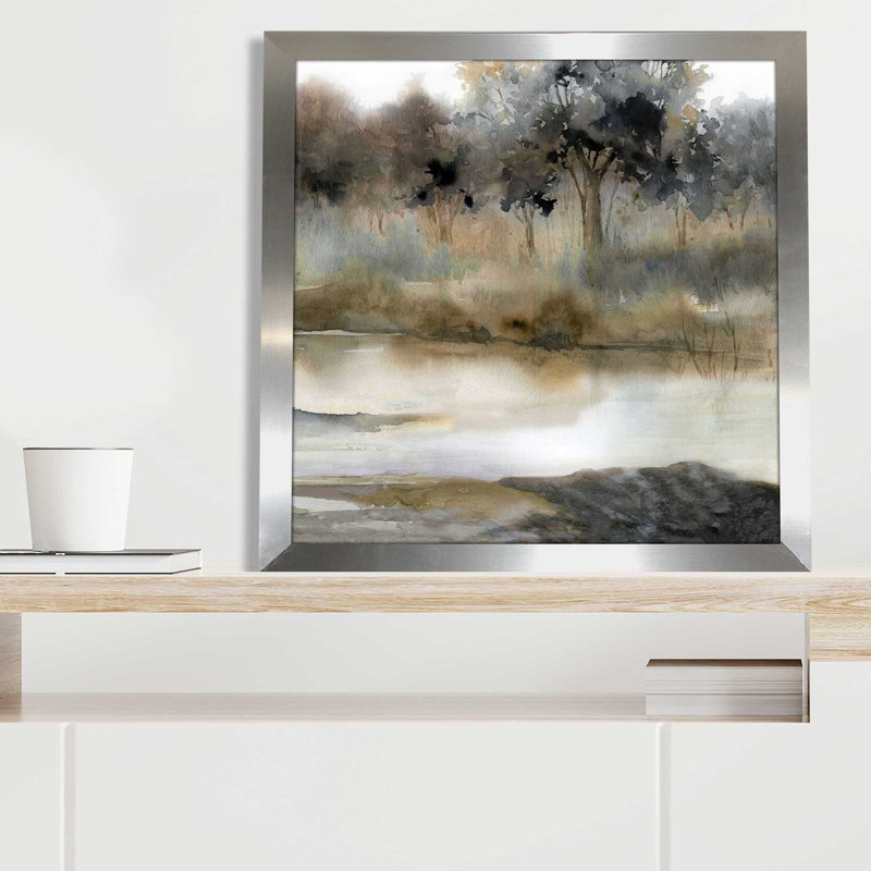 Serene River par Carol Robinson - Peinture, L 25,5 po x H 25,5 po, Encadrement argenté