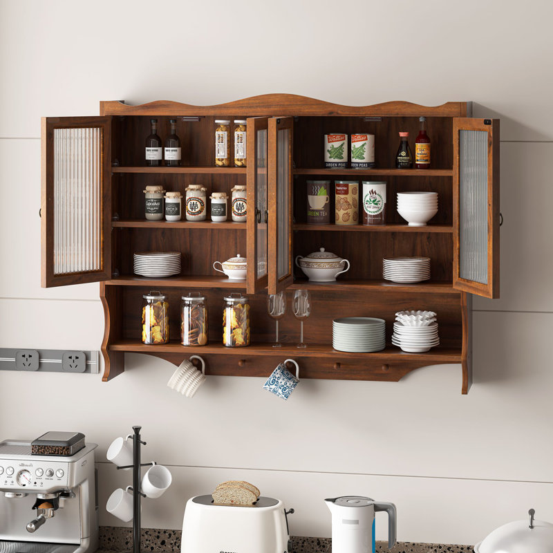 Armoire murale 39,37 po à 4 portes rétro, avec deux niveaux de rangement et un support à crochets ouverts, convient aux salles de bain, cuisines, salles à manger, brun