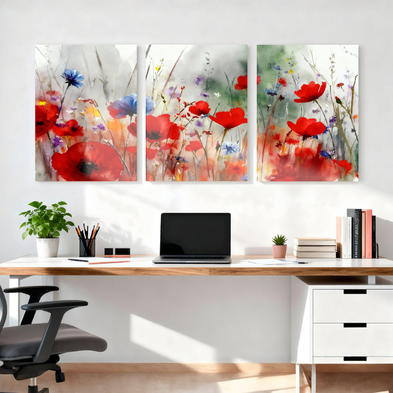 Ensemble de 3 tableaux muraux abstraits à l'aquarelle représentant des coquelicots et des fleurs, sur toile tendue.