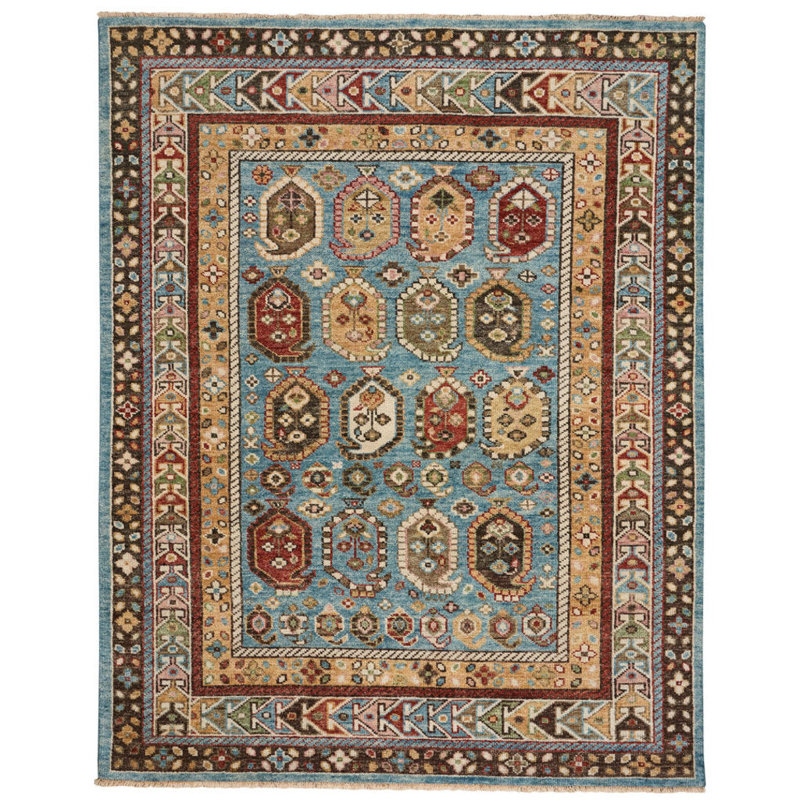 Charleigh-Shirvan Paisley Hand-Knotted Wool Amber Slate Blue Area Rug, Rectangle 5' x 8'