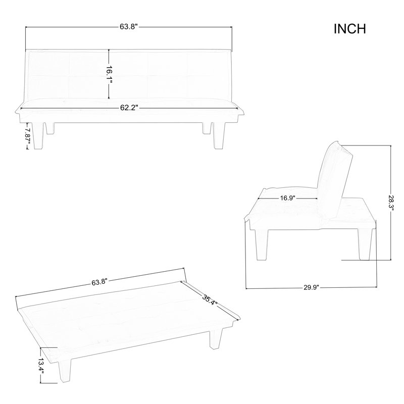 Trentino 63.8" 3-in-1 Upholstered Futon Sofa Loveseat Convertible Sleeper Couch Bed