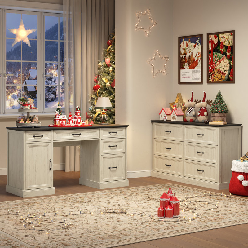 Hailiey 2 Pieces Computer Desk Office Set,Writng Desk & 6 Drawer Dresser, Gray/White