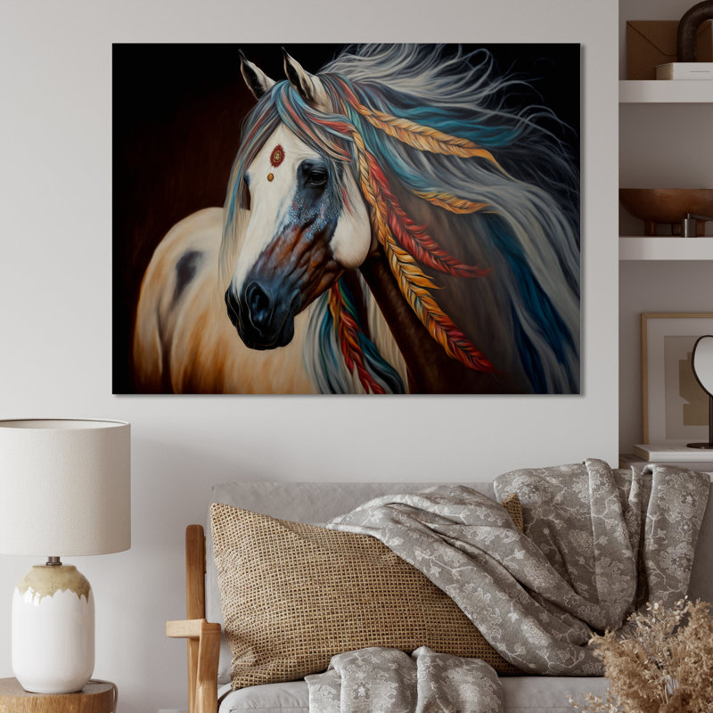 Décoration murale colorée en métal «Native American Horse I» - Cheval moderne, H 30 po x l 40 po