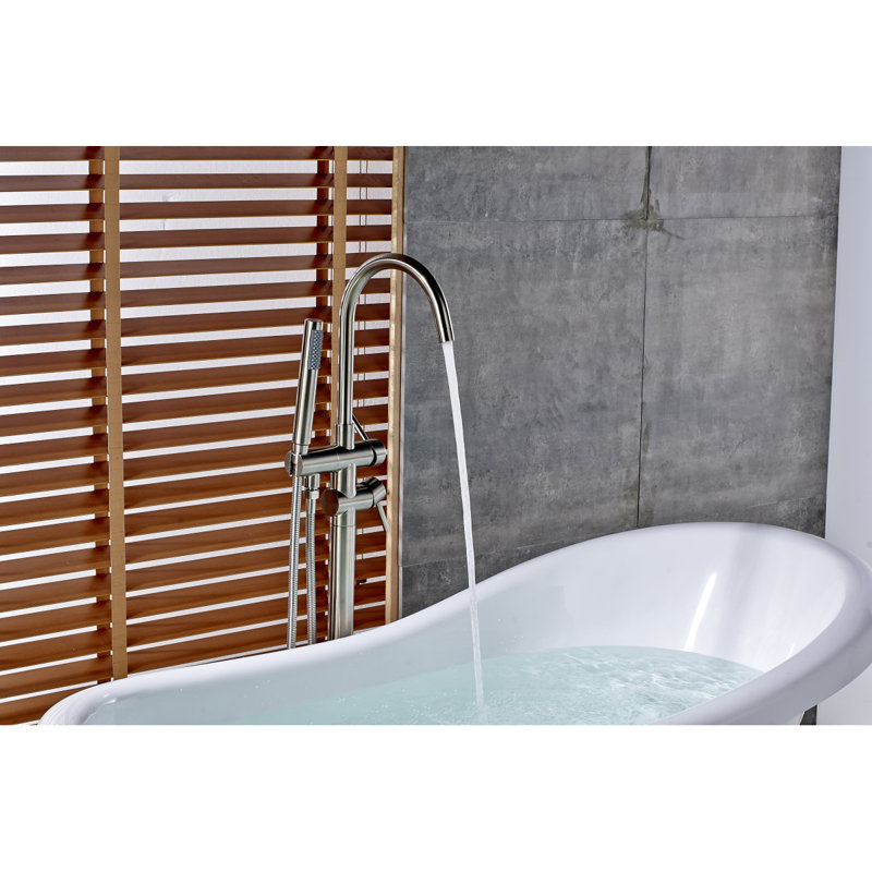 Robinet de baignoire autoportant monocommande à fixation au sol avec douche à main (nickel brossé)