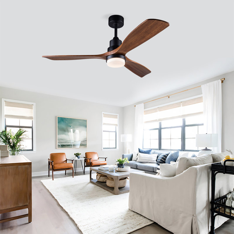Hot Ventilateur de plafond noir moderne de 52 pouces avec lumière et 3 pales en bois massif avec moteur à courant continu réversible à télécommande