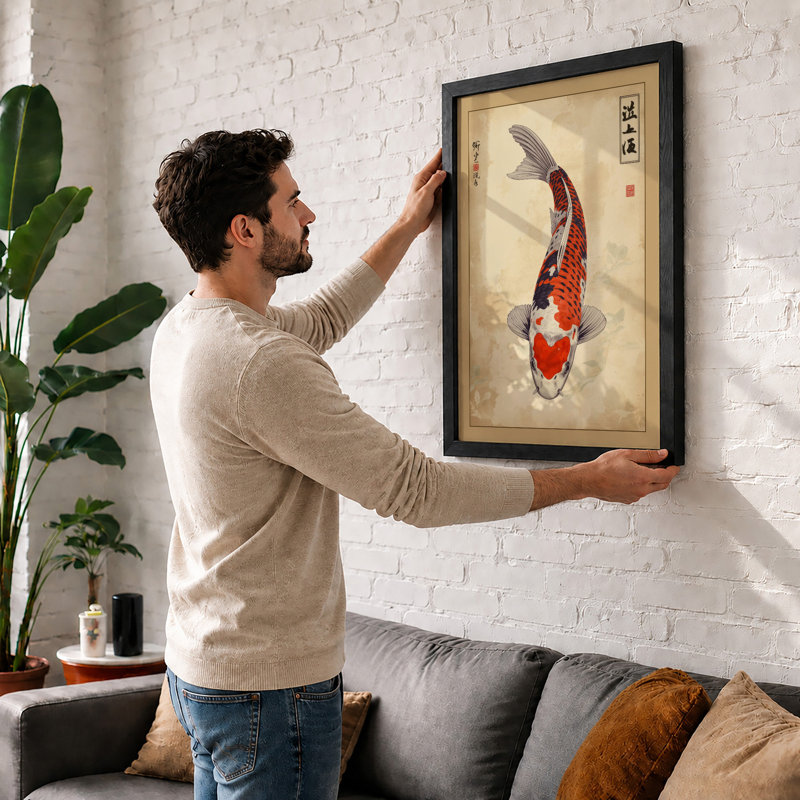 Koi in Stillness Japandi - Framed Print, A3 - 42.0 x 29.7 cm, Walnut