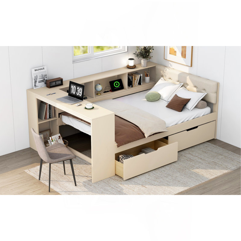 Lit plateforme double en bois avec tablettes de rangement, tiroirs, station de charge et tête de lit tapissier, crème