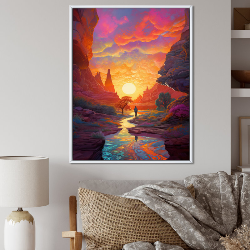 «Dreamscape Sunrise Over Rainbow Mountain River», reproduction sur toile, Cadre flottant blanc, H 32 po x l 16 po x P 1 po