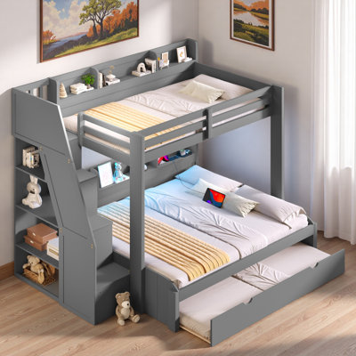 Bunk Bed With Storage Staircase, Trundle, Storage Shelves, Led And Usb