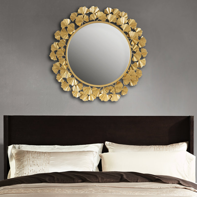 Miroir mural rond de 30,5 po avec détails en feuille d'or, cadre en fer et en miroir, installation facile, installation facile