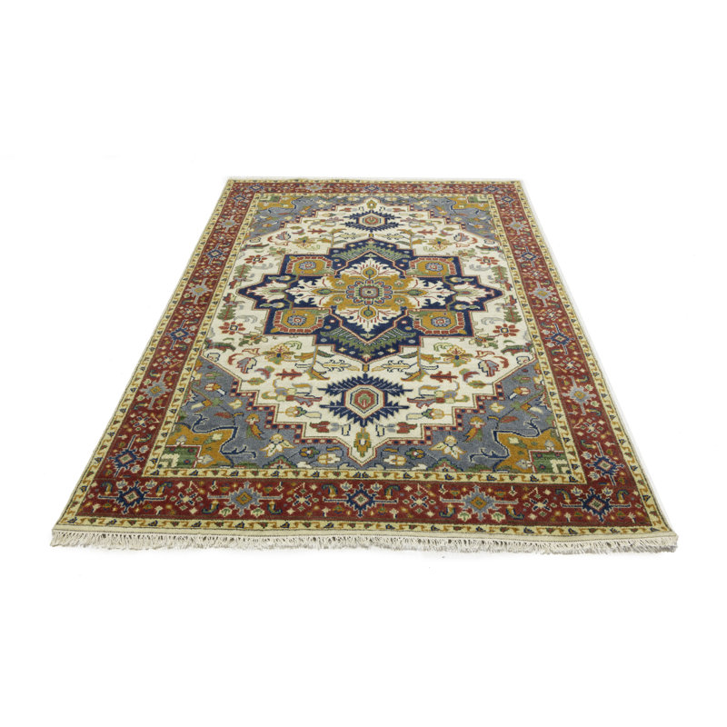 Tapis oriental en laine noué à la main à motif géométrique crème 5 pi 11 po x 9 pi Simonas 