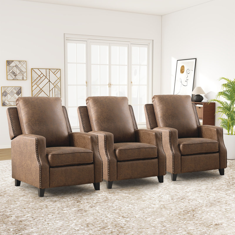 31.1''Wide Classic And Comfortable Faux Leather Push Back Recliner With Nailhead Trim (Set Of 3), Brown