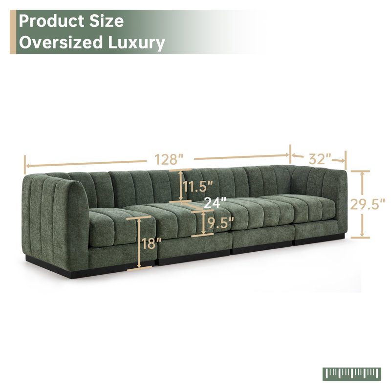 Myrhn Modular Sectional, 4-Seater Contemporary Sectional Sofa with Solid Wood Base, Green