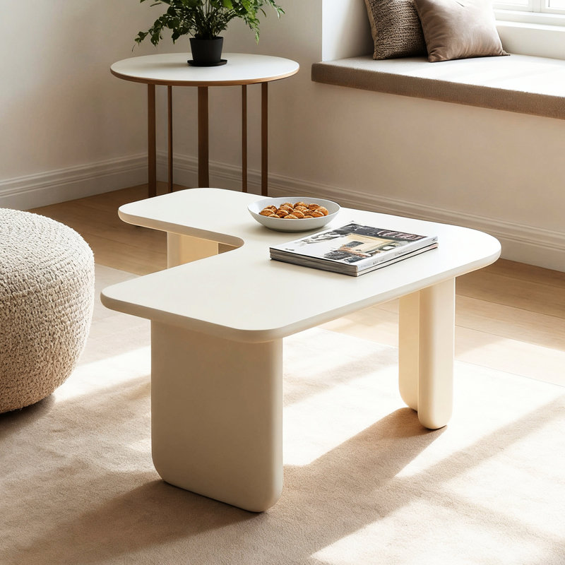 Table basse en L 34,7 po moderne, finition blanche, peinture multicouche, construction, espace pour la vie en appartement, construction améliorée, porteuse, facile à assembler