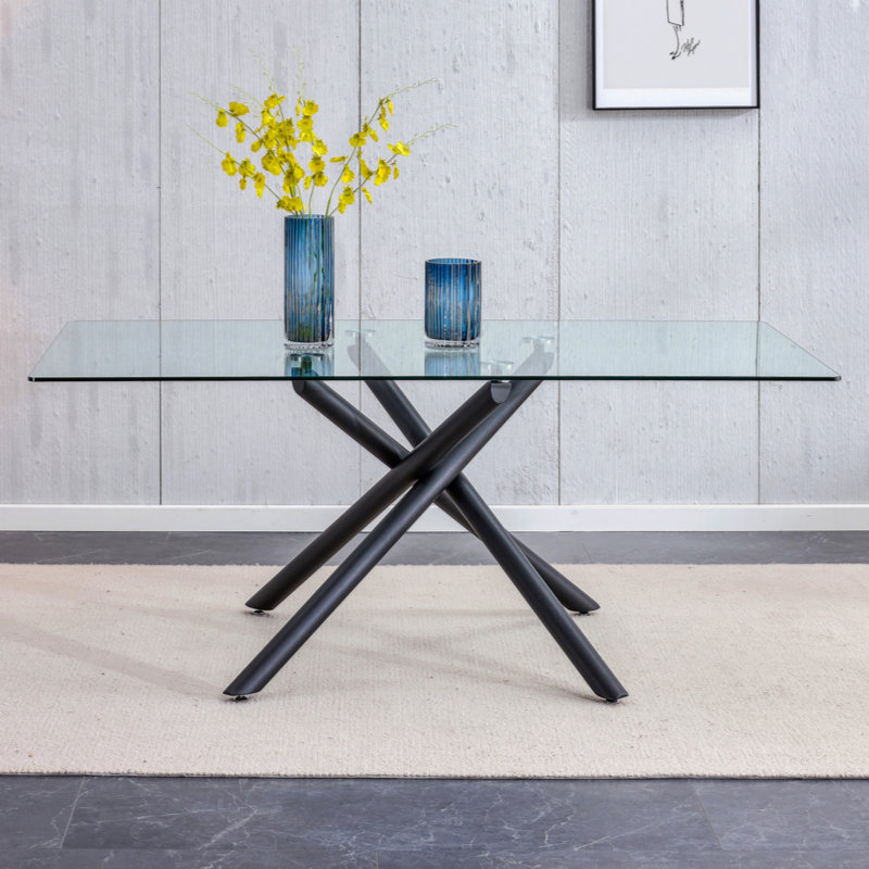 Large Modern Minimalist Rectangular Glass Dining Table with 0.39" Tempered Glass Tabletop and Chrome Metal Legs, for Kitchen Dining Living Meeting Room Banquet hall