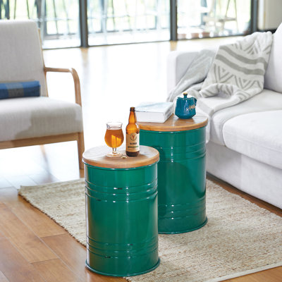 Nicky Solid Wood Drum Nesting Tables with Storage