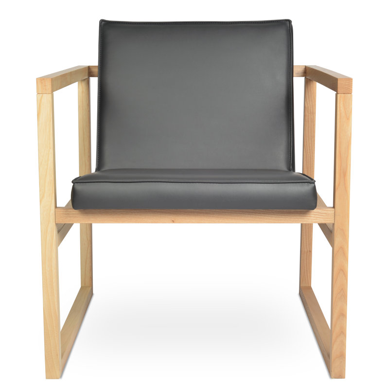 Fauteuil cubique en bois, Brun clair, Similicuir gris