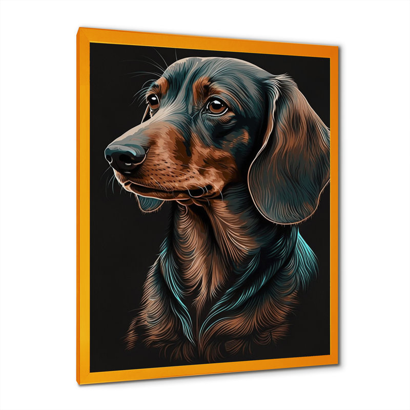 Teckel sur toile noire I - animaux, art mural sur toile, L 16 po x H 32 po, Encadrement doré