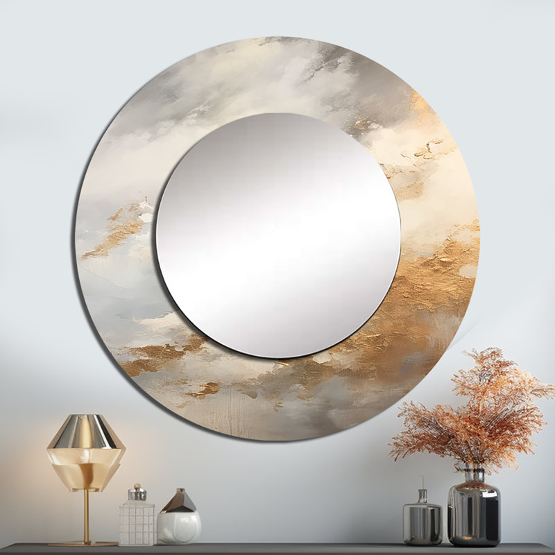 Selestina Beige And Gold Minimalism Storms II - Storms Decorative Mirror, Beige Round Wall Mirror, Printed Metal Art