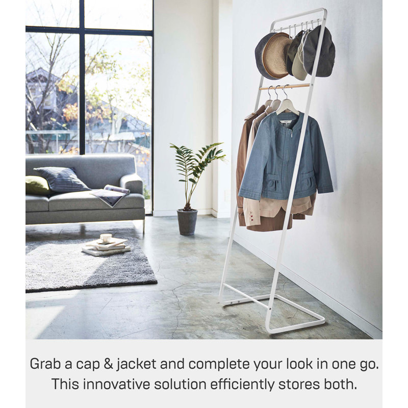 White Steel Freestanding Coat Rack with Wooden Bar and Hooks