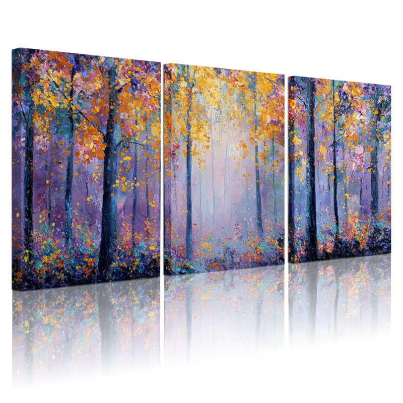 Ensemble de 3 tableaux sur toile représentant un paysage de forêt d'automne, H 30 po x l 60 po