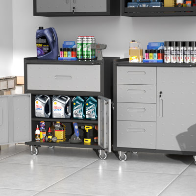 Armoire à outils roulante en métal avec portes - H 35,3 po x l 29,83 po x P 16,56 po, 1 tiroir, noir et gris, roues de rangement robustes et mobiles, 2 portes verrouillables, armoire et gris