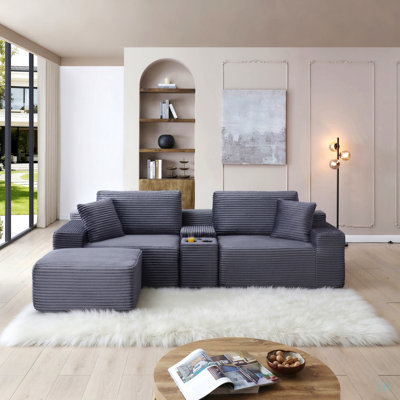 Modular Sectional Sofa, Deep Seat Corduroy Cloud Couch with Cup Holders, USB Ports & Storage Box, Sleeper Sofa Couch Boneless Couches With Movable Ottoman for Living Room, No Assembly Required