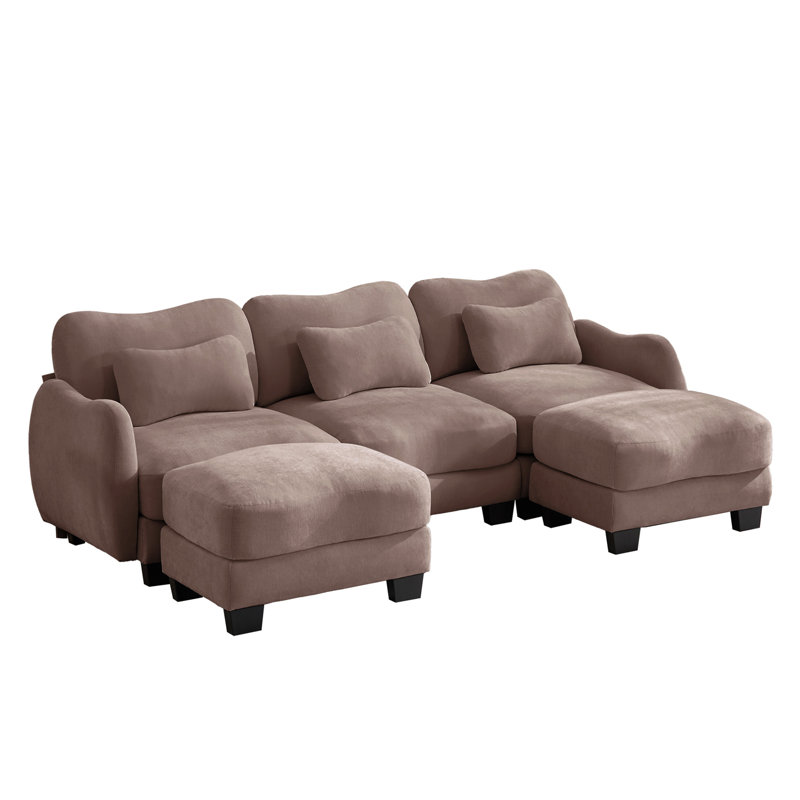 Canapé en forme de U en chenille avec 3 coussins de taille exquise, canapé modulaire surdimensionné à 3 places avec 2 repose-pieds mobiles, conception incurvée ergonomique, canapé modulaire facile à assembler pour le bureau du salon, poussière de rose