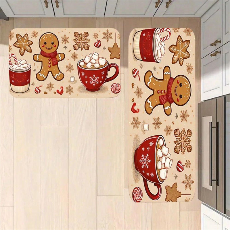 3-Piece Cozy Christmas Gingerbread & Hot Cocoa Pattern Floor Mats - Holiday Decor With Gingerbread Man, Candy Cane & Hot Cocoa Designs
