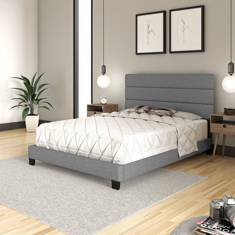 Boyd Sleep Ravenna Linen Platform Bed | Adjustable Headboard | Low-Profile Foundation Compatible | Modern Channel Design | 700 lb Capacity