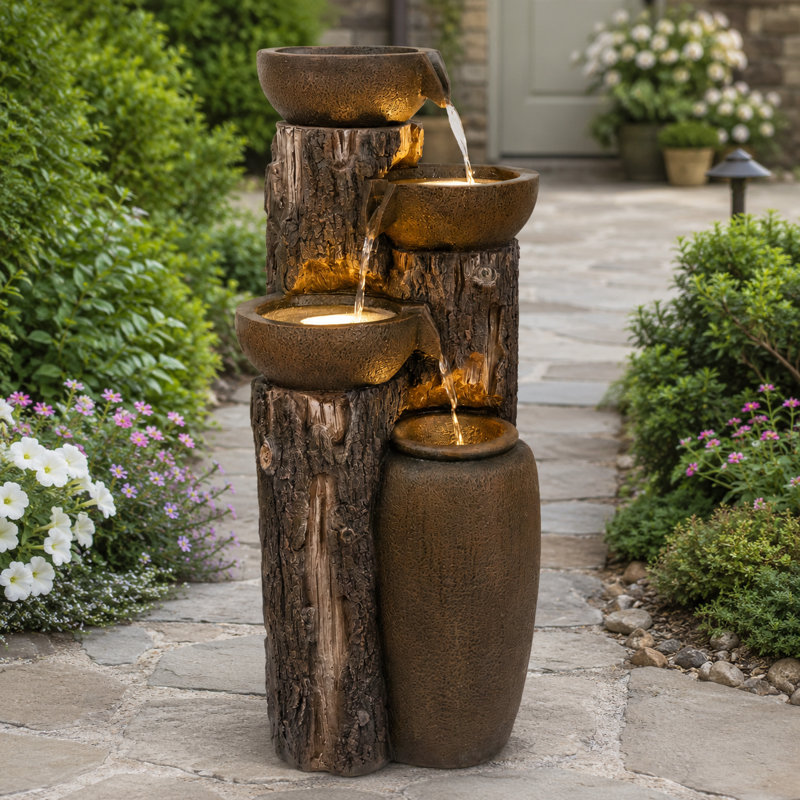 Fontaine rustique d'extérieur en forme de souche d'arbre avec lumières DEL chaudes, 33,07 po en résine