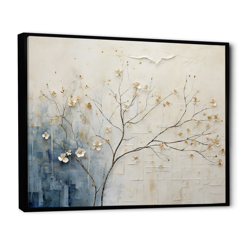 Minimalisme beige et bleu campagne - campagne encadrée, art mural, H 34 po x l 44 po x P 1,5 po, Cadre flottant noir
