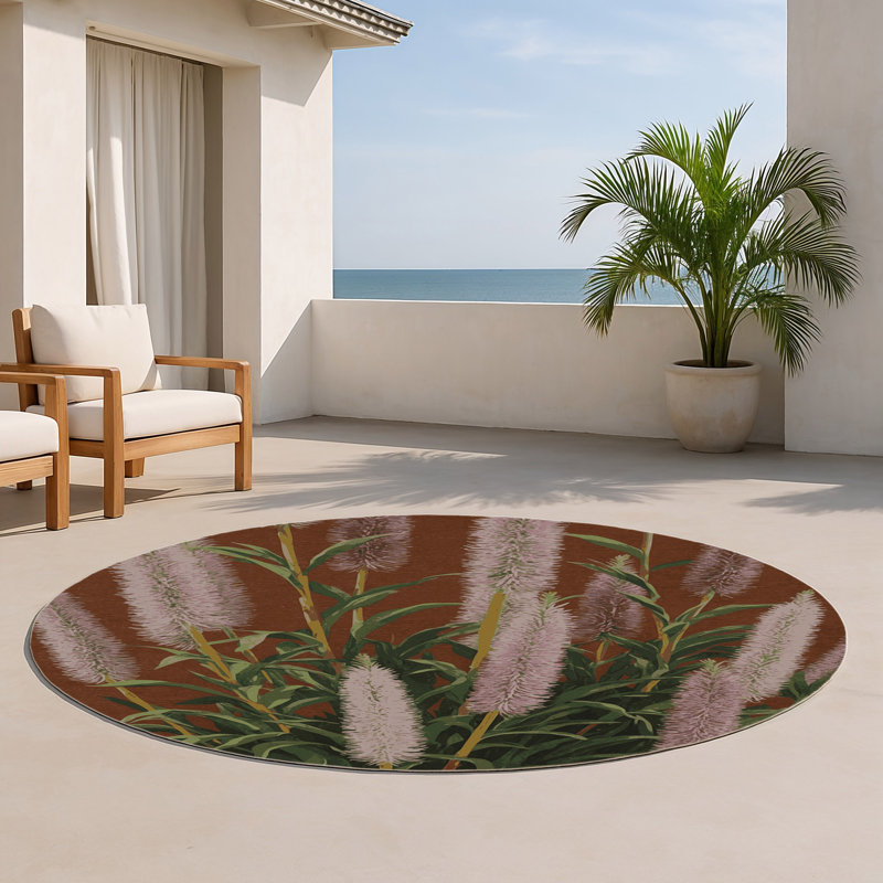 Tapis d'intérieur et d'extérieur brun Botanical, Rond 5 pi