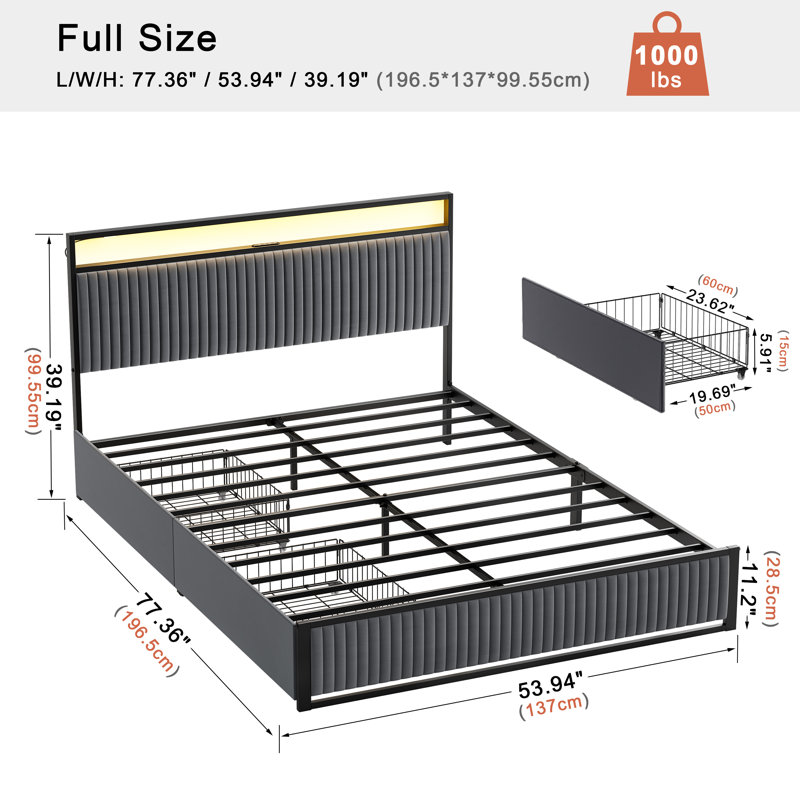 Antioch Upholstered Bed Frame with 2 Storage Drawers, Modern Platform Bed with Charging Station & LED Light, No Spring Box Needed