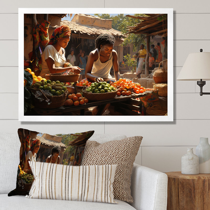 «African Vibrant Market I», reproduction d'art sur toile, Cadre flottant érable, H 30 po x l 40 po x P 1,5 po