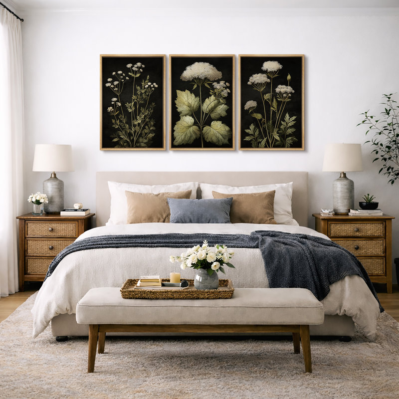 «Dark Botanical Herb Study», art rétro, illustration d'une plante scientifique, impression sur toile encadrée, 3 pièces