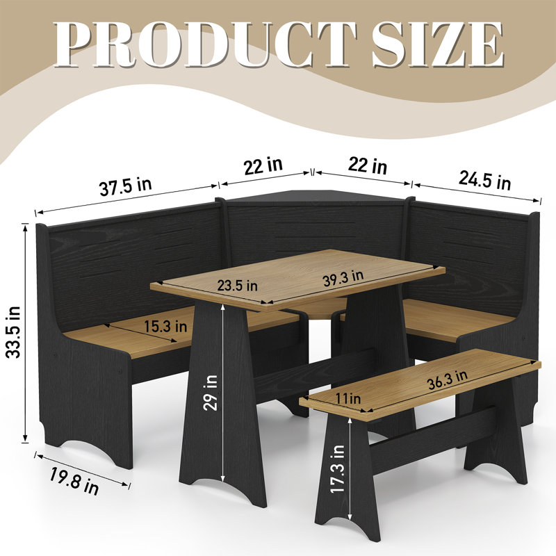 Ensemble de chaises de coin-repas de coin-repas avec rangement et rangement en L pour salle de bain familiale, Noir/chêne