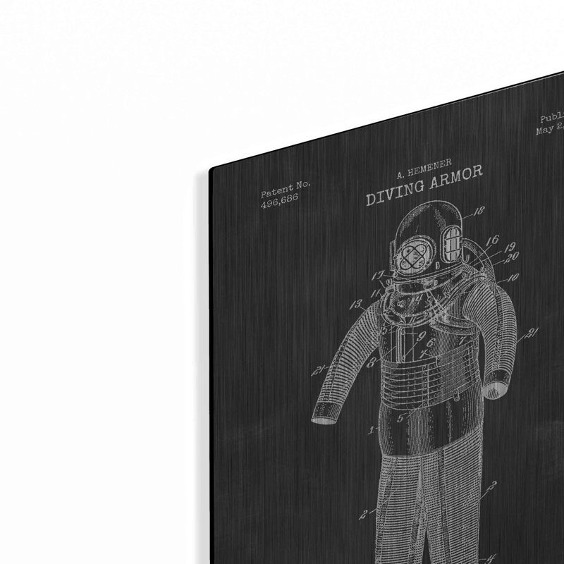 «Diving Armor Blueprint Chalkboard Vernis», art mural en métal, H 16 po x l 12 po
