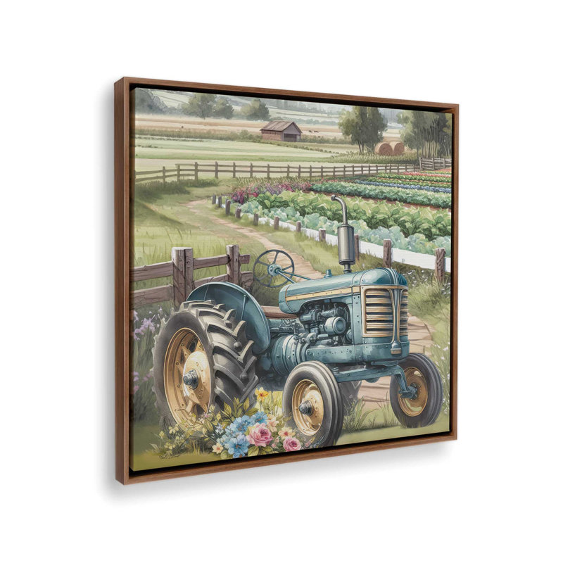 «Blue Floral Tractor» par Nicole DeCamp, reproduction d'art, Toile avec cadre, L 30 po x H 30 po, Brun