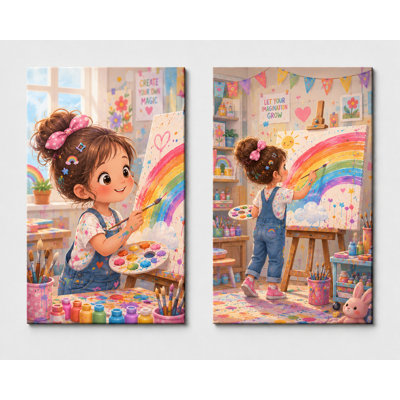 Large Set of 2 Rainbow Painting Girl Wall Art Creative Art Studio Canvas Prints for Playroom Classroom Decor 16x24 Inch Canvas Print - Ready to hang