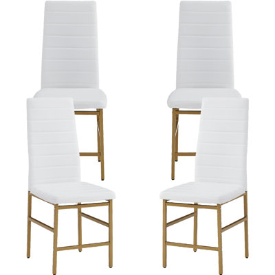 Leather Dining Chairs Set Of 4, Modern High Solid Back With Upholstery & Metal Legs For Kitchen, Dining Room, And Living Room