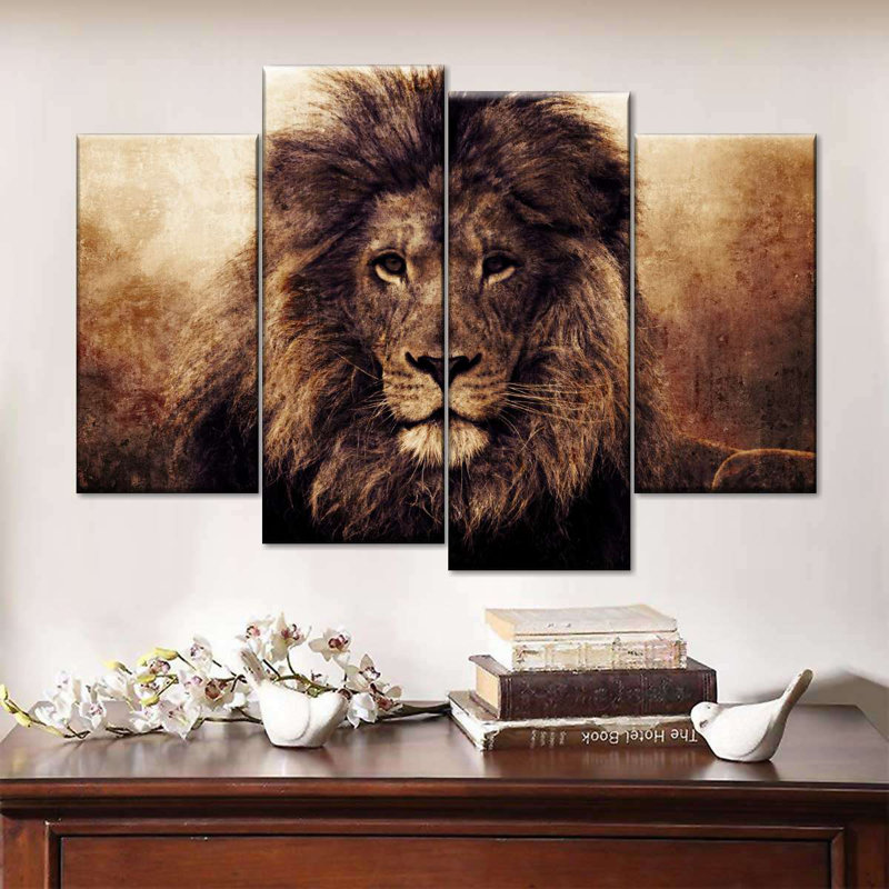 Tête de lion grunge sur toile 4 pièces, H 22 po x l 36 po x P 1 po