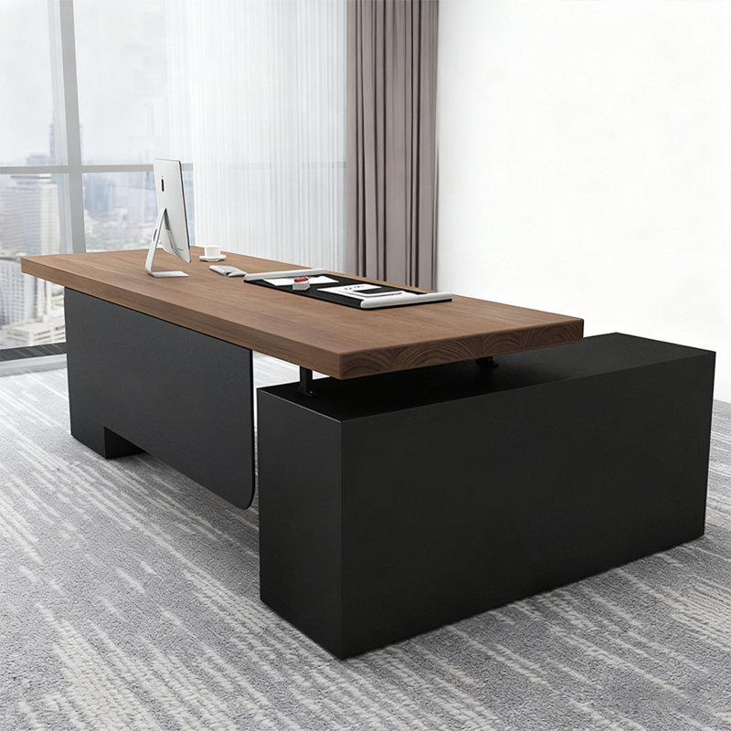 Bureau de direction en bois massif brun en forme de L avec 3 tiroirs