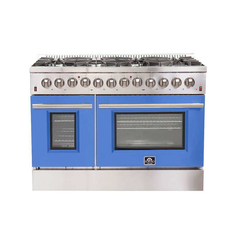 Forno Galiano 48" Dual Fuel Range in white, black, blue or red, 107,000 BTU, 6.58 cu.ft. Double Ovens & Griddle, Blue