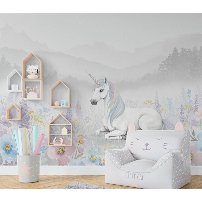 Princesse licorne, aquarelle, graphique mural, peler et coller, papier peint de chambre de chambre de bébé, Non tissé