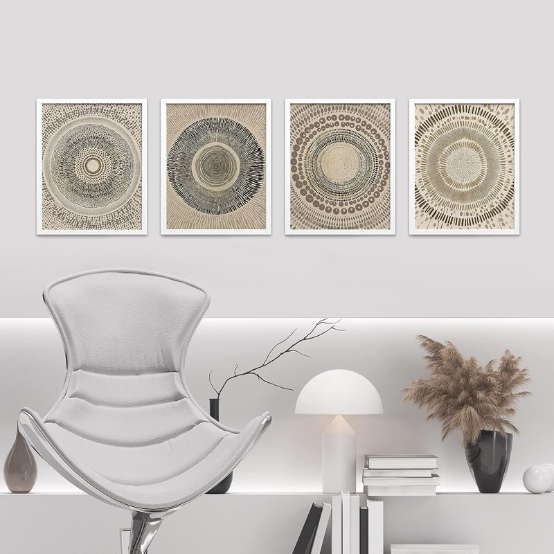Muted Boho Abstract Geometric Bohemian Small Home Decor - Framed Poster Print 4 Pieces Wall Art Work, 16" H x 12" W, White