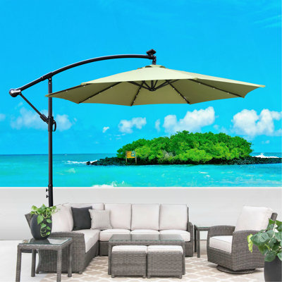 Parasol de terrasse à énergie solaire 10 pi avec parasol 8 lumières à DEL avec manivelle et base transversale pour terrasse de jardin et abri de piscine extérieur