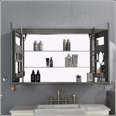 Armoire à pharmacie à DEL avec miroir, douilles, à intensité variable et antibuée pour salle de bain